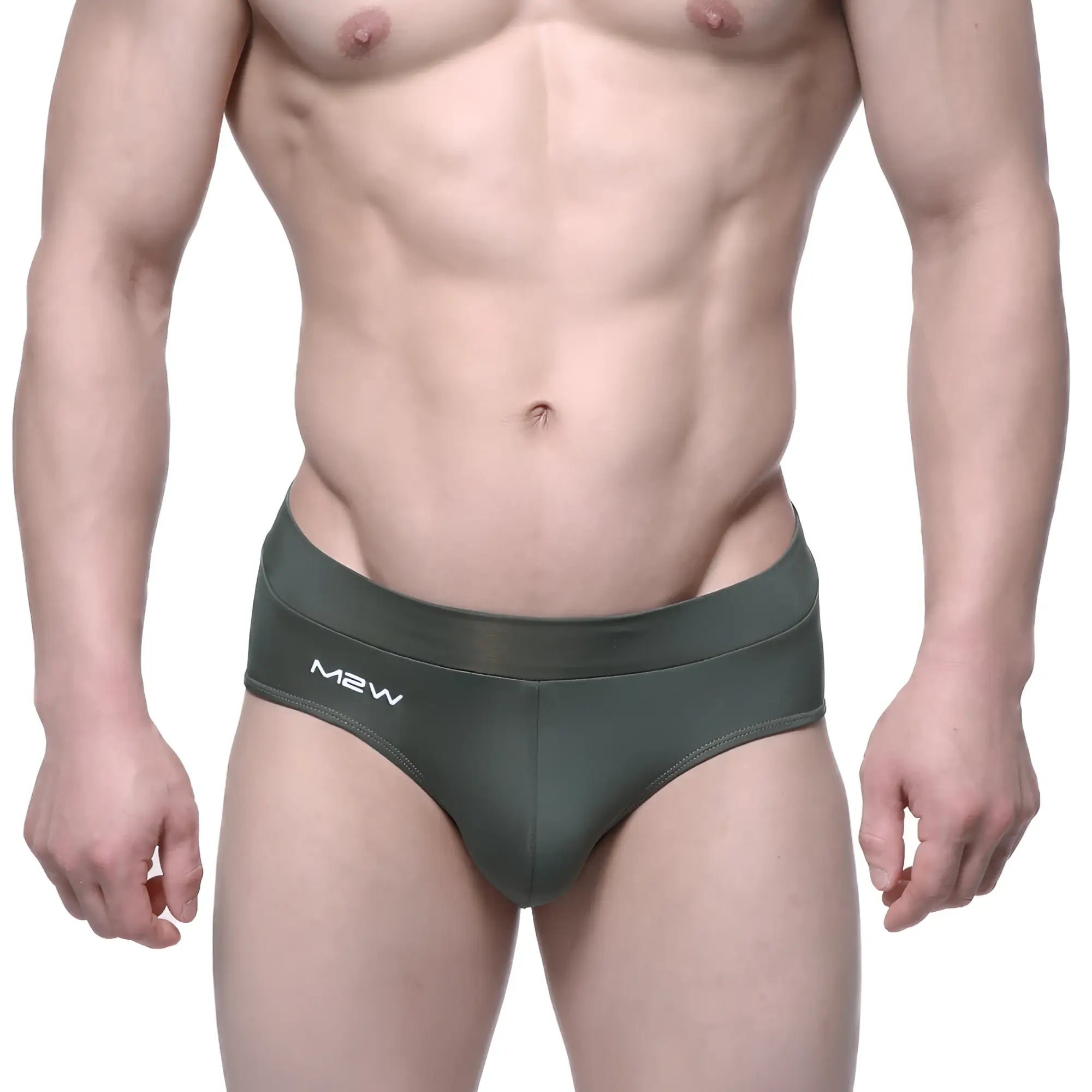 Dark olive green metro male wear espacio brief with sleek form fitting design and subtle white m2w logo on waistband