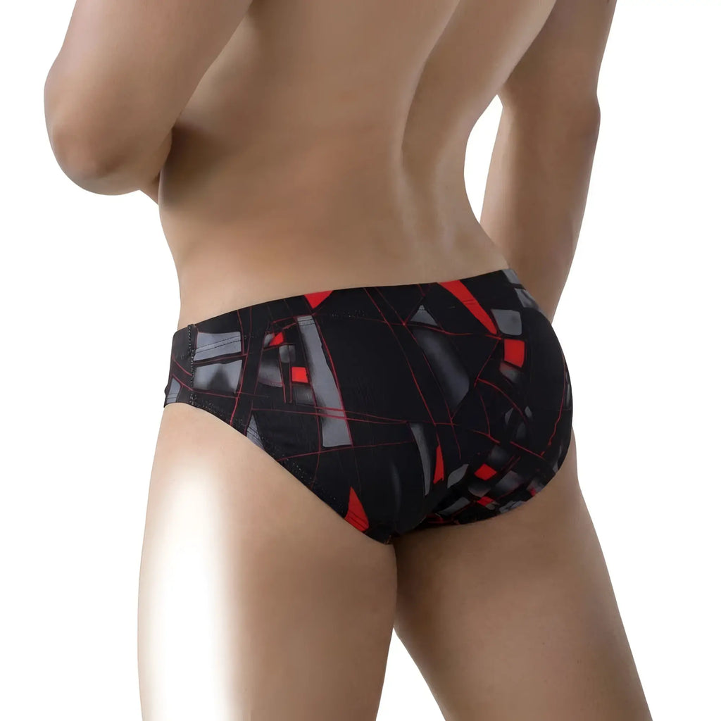 MetroMaleWear Espejo Bikini 5103-M35 men’s swim trunks with black and red geometric pattern for beach use