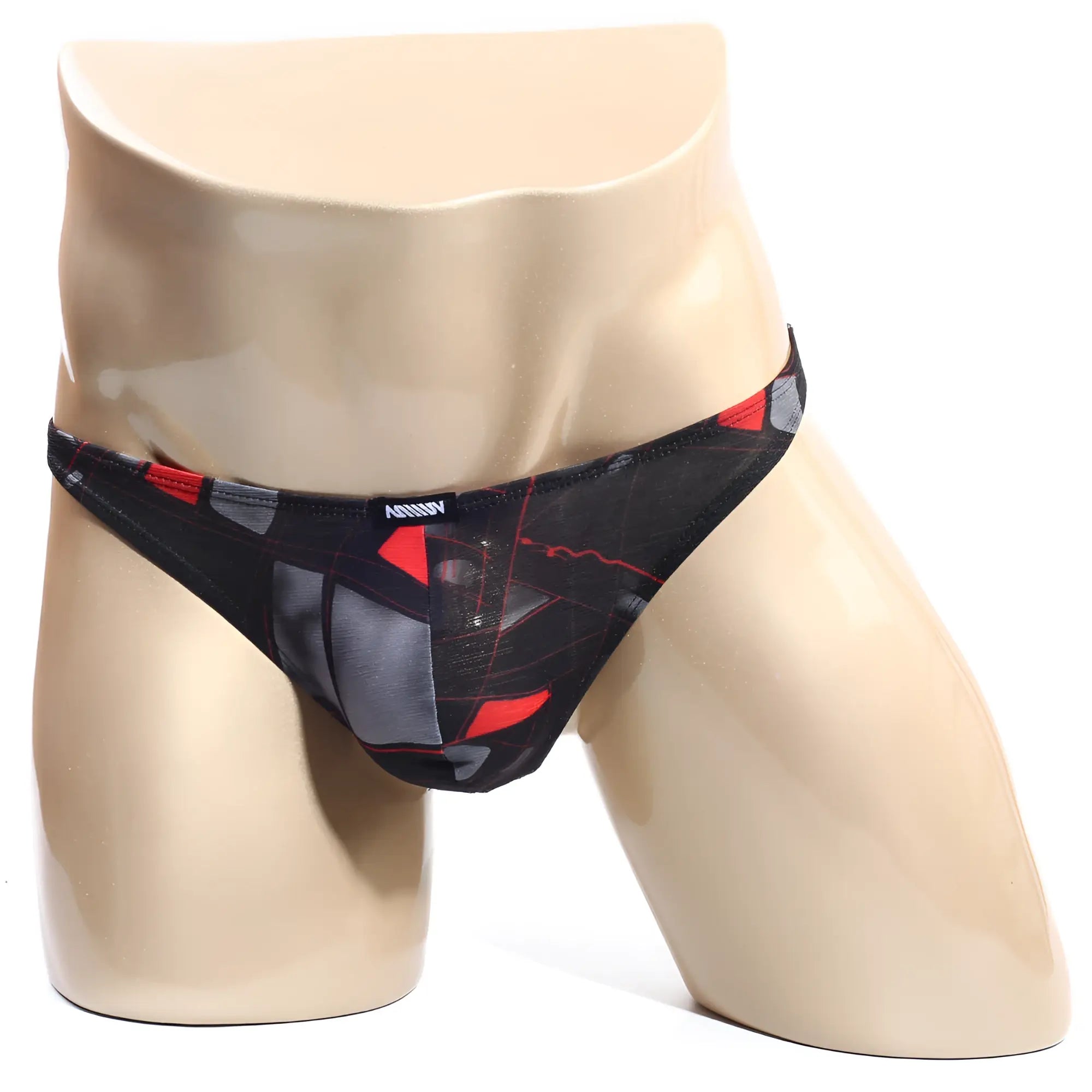 MetroMaleWear Espejo Thong 2302-73 black and red geometric mesh briefs showing the back side design