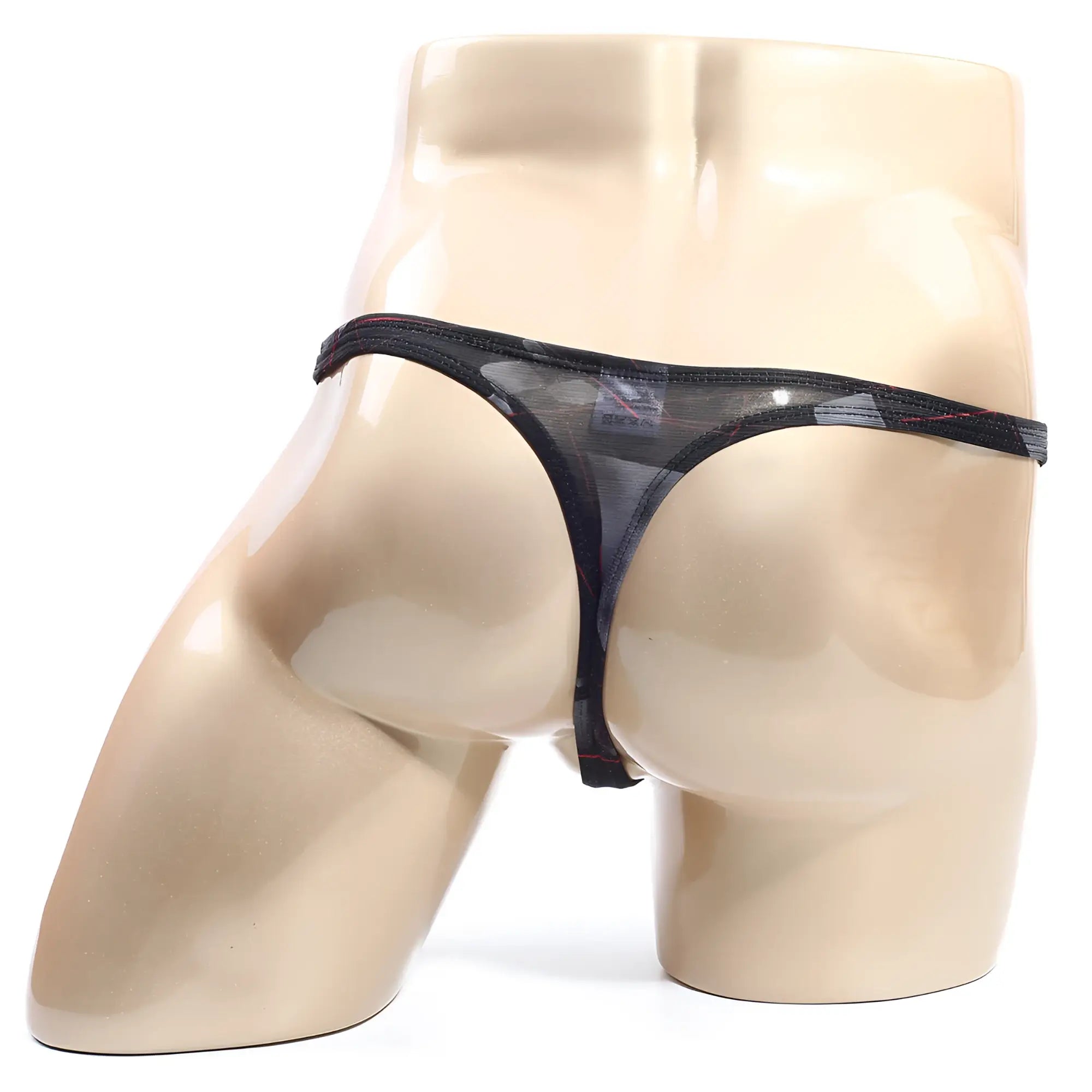 MetroMaleWear Espejo thong 2302-73 black sheer mesh with red stitching and a thin elastic waistband shown from the back
