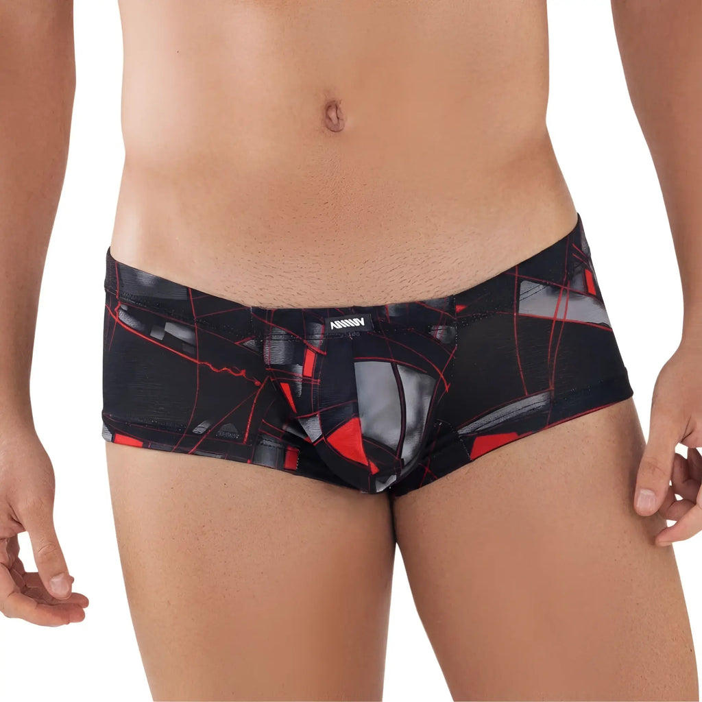 MetroMaleWear Espejo trunk 2125-35 men’s briefs in black and red abstract geometric pattern by anniy