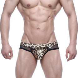 Leopard-print mesh briefs with black trim and a small brand tag metroMaleWear esperanza brief tiger 6106-60