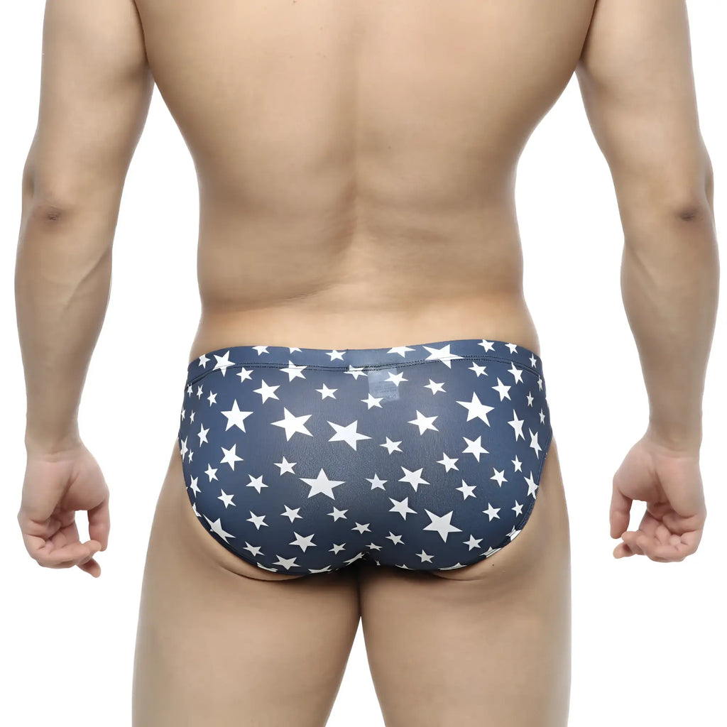 MetroMalewear estella bikini 5103-14 navy blue swim trunks with white star pattern perfect for beachwear