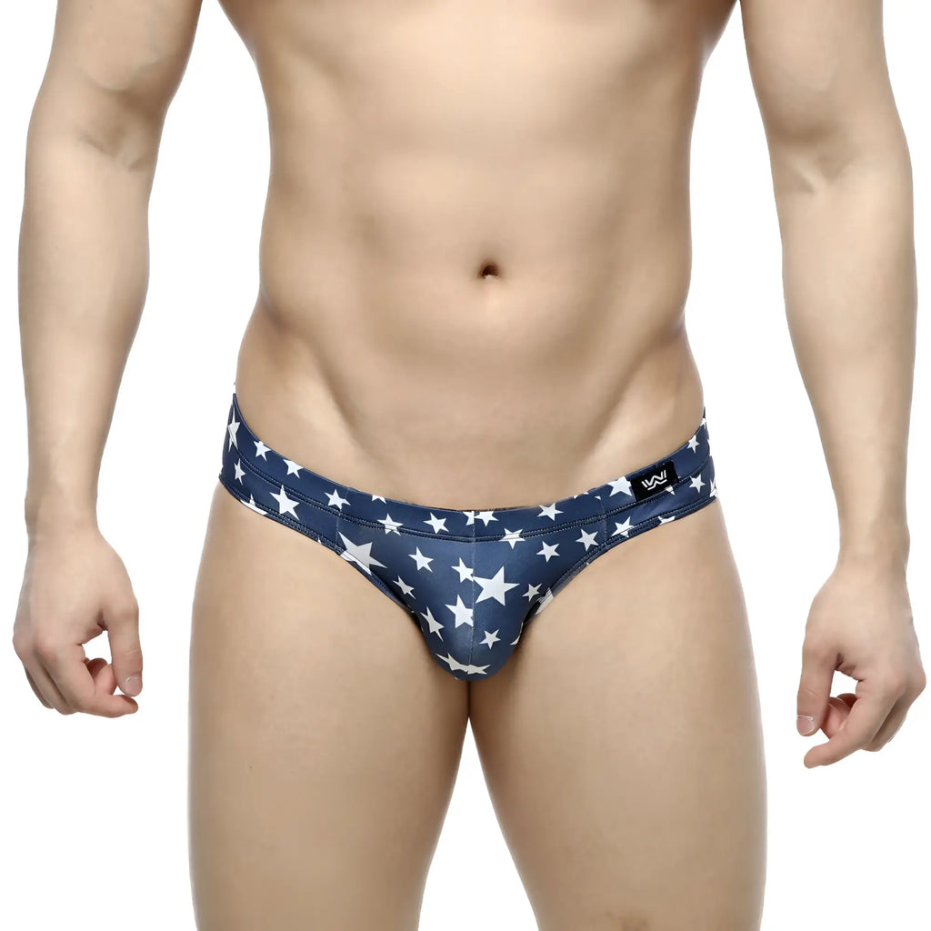 Navy blue metro malewear estella bikini swim trunks with white star pattern for casual beachwear