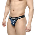 Blue star-patterned men’s briefs with black waistband featuring atromalewear brand from metromalewear estella thong 2502-91