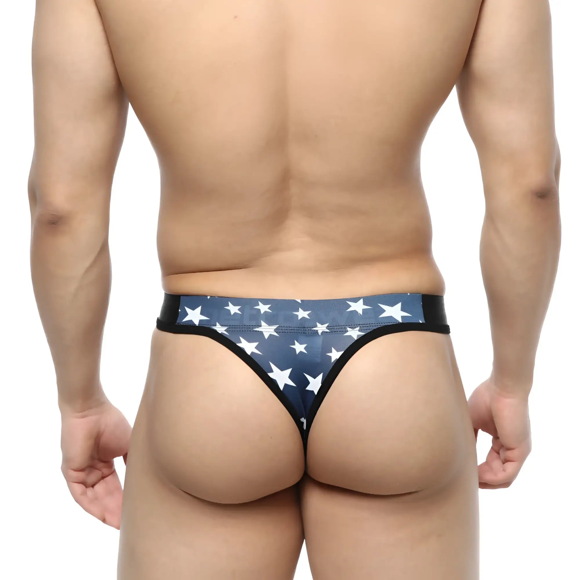 MetroMaleWear Estella thong in blue and white star pattern with black trim showing front side design