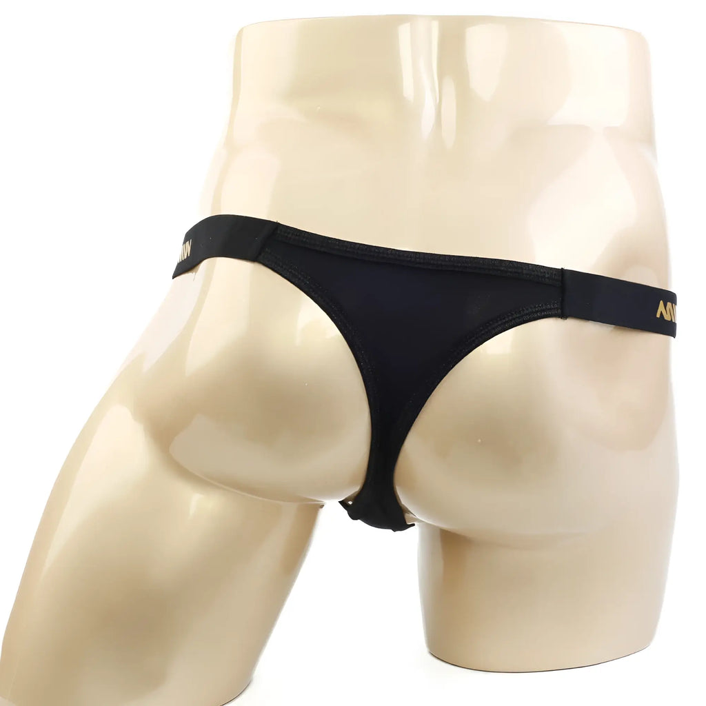 MetroMaleWear Estrema black thong with narrow waistband and gold lettering on the sides for stylish comfort