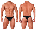 Black thong briefs with a sleek minimalist design and subtle MetroMaleWear branding on the waistband front side