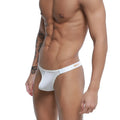 White men’s thong with narrow waistband featuring annuy branding in gold from metromalewear estrema collection