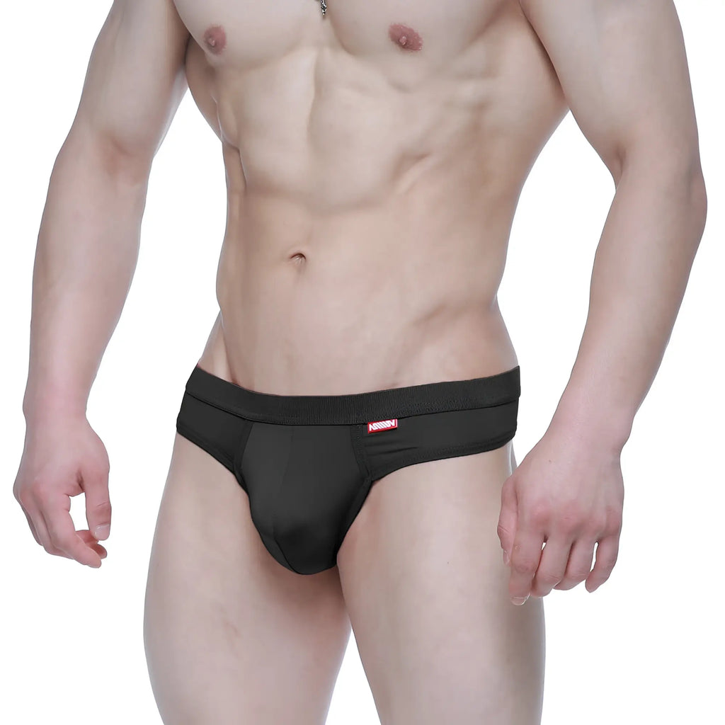 Black athletic briefs with a red logo waistband from MetroMaleWear Eterna Thong Black 3722-20