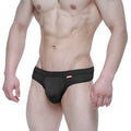 Black athletic briefs with a red logo waistband from MetroMaleWear Eterna Thong Black 3722-20