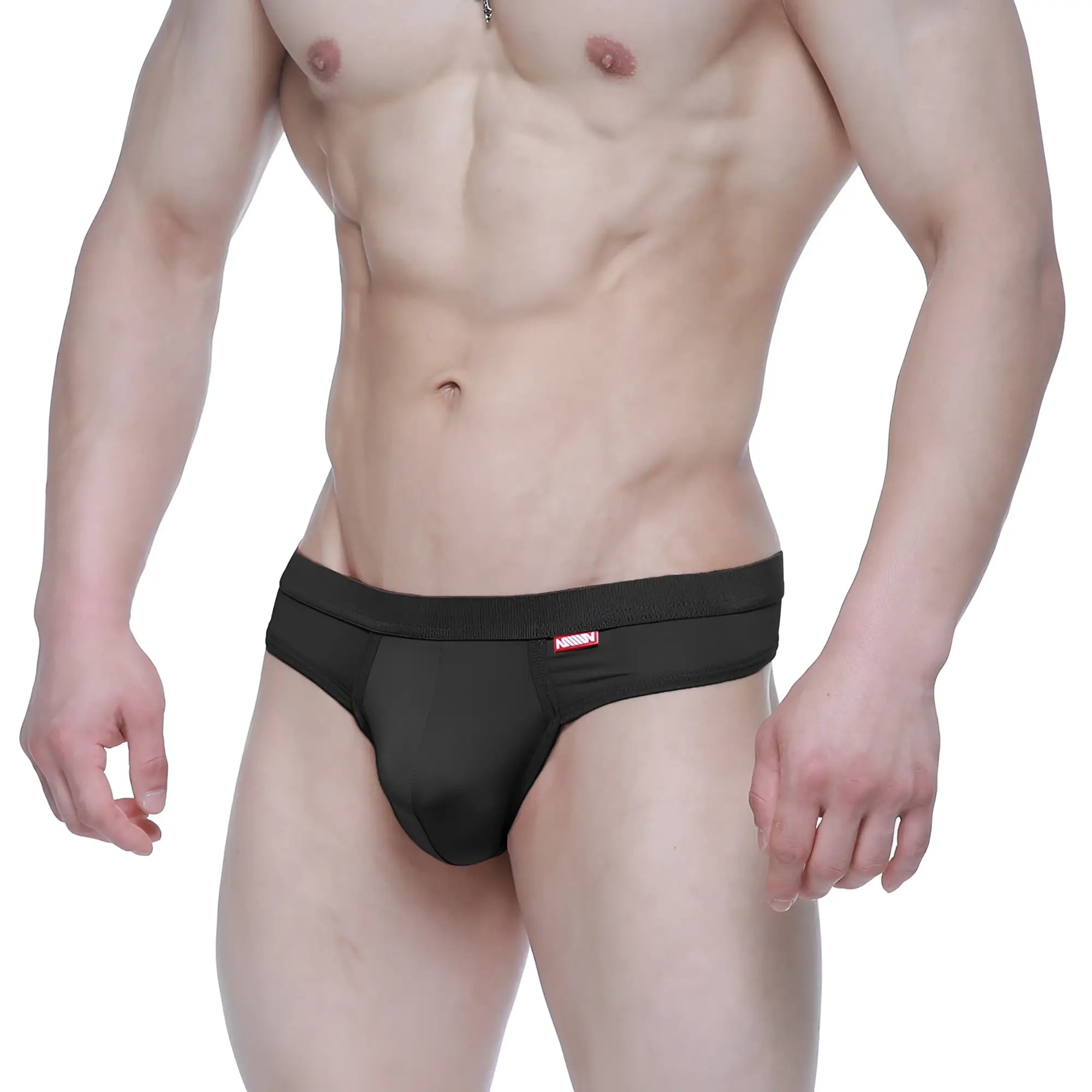 Black athletic briefs with a red logo waistband from MetroMaleWear Eterna Thong Black 3722-20