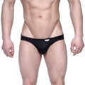 Black mesh briefs with a small white label on the waistband from metromalewear eureka bikini black 5223-20