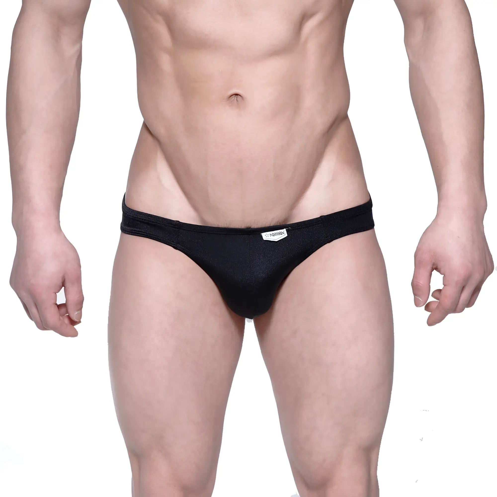 Black mesh briefs with a small white label on the waistband from metromalewear eureka bikini black 5223-20