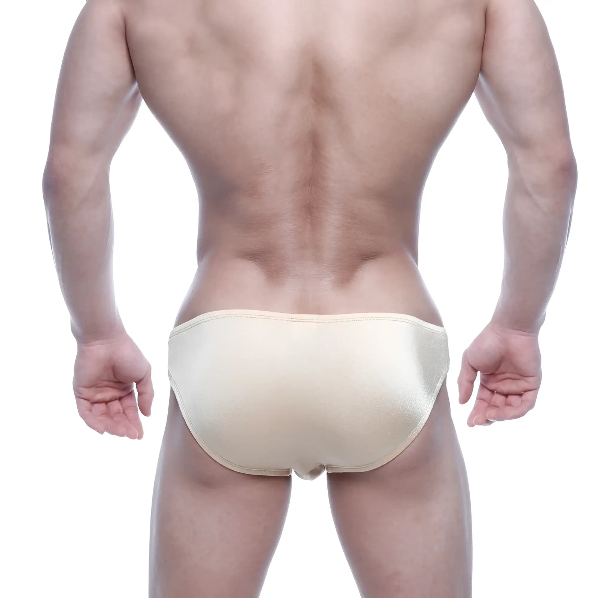 Beige satin briefs with a smooth glossy finish and snug fit from metroMalewear Eureka bikini gold 5223-21