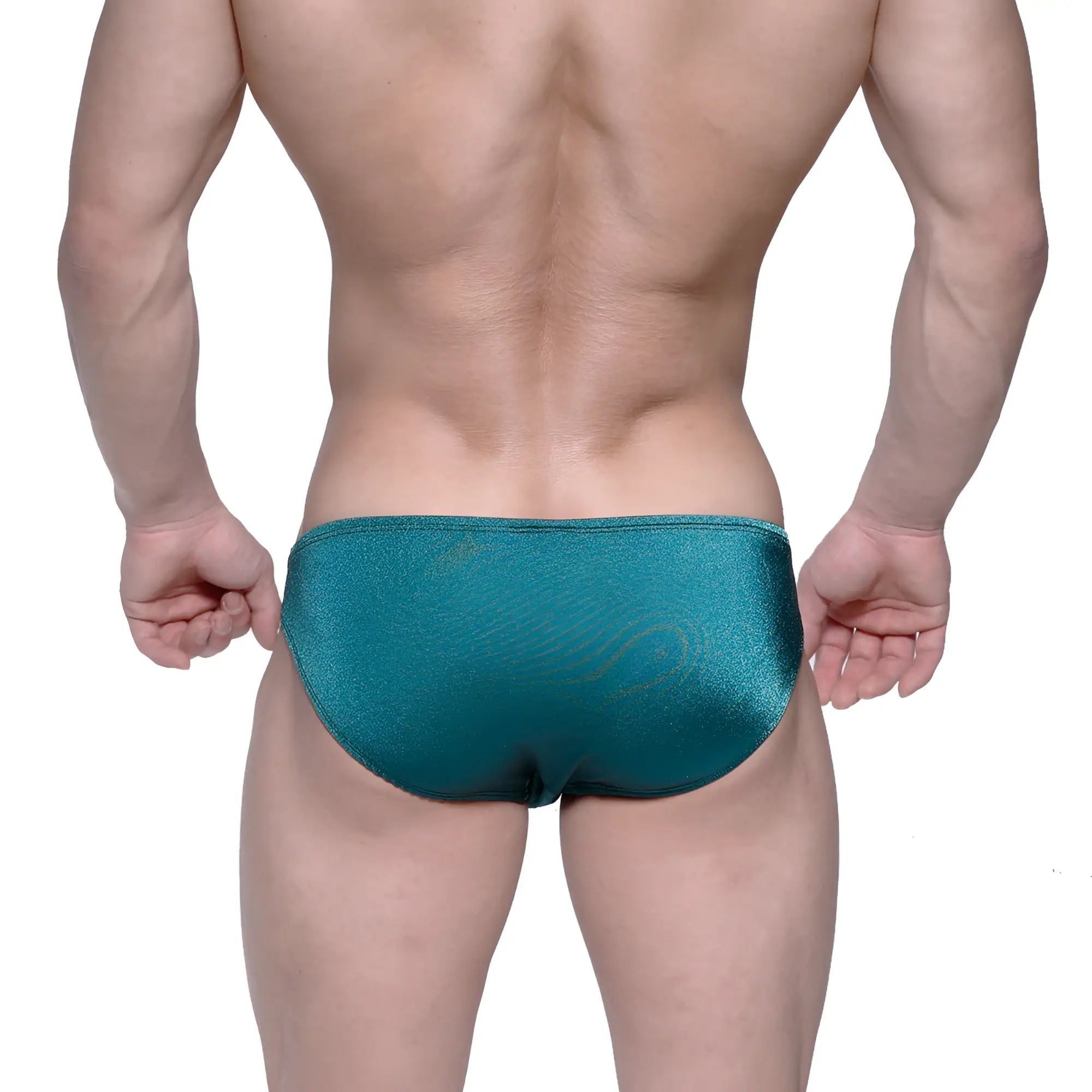 Shiny teal metallic briefs metro malewear eureka bikini green 5223-07 front view with sleek design and reflective fabric