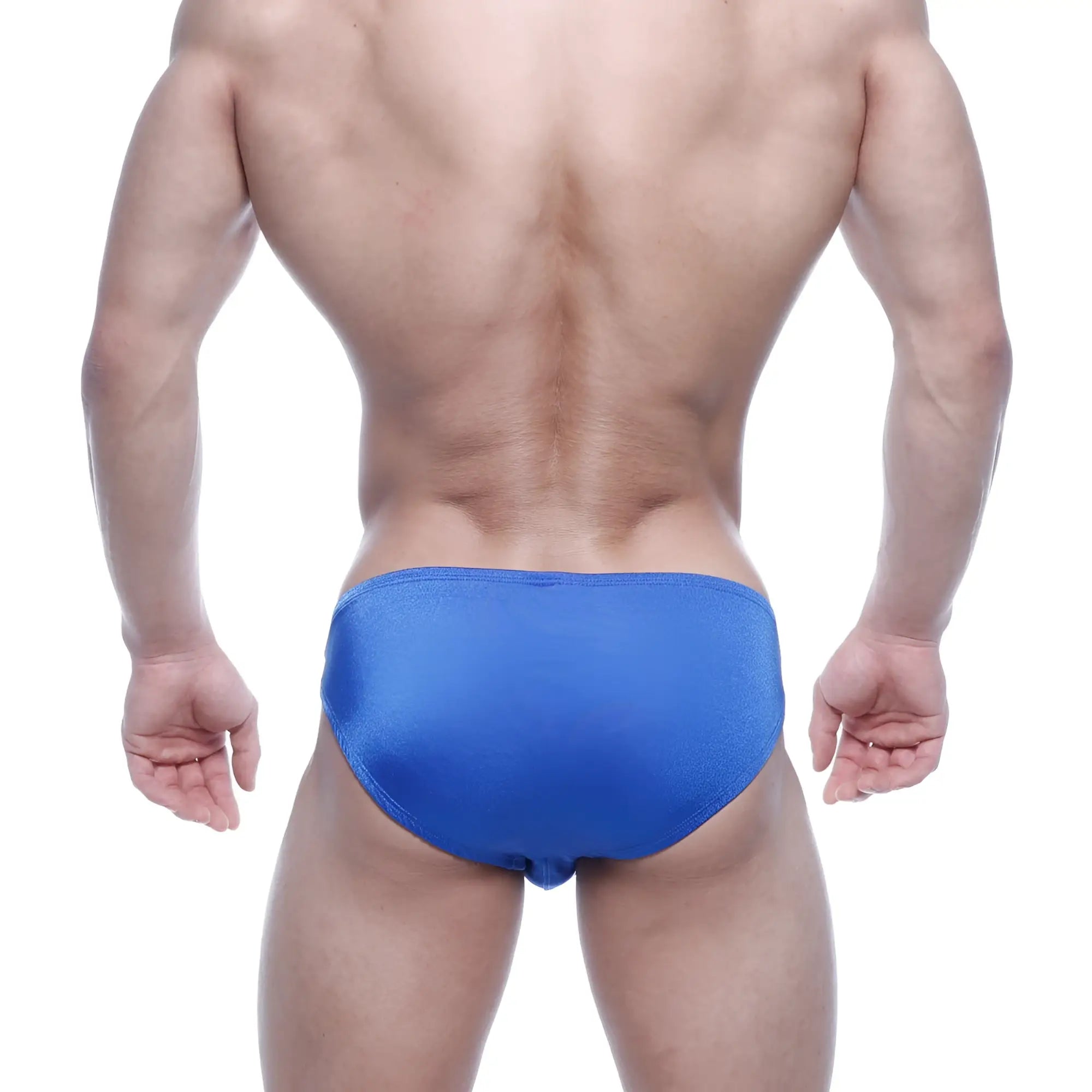 MetroMaleWear Eureka bikini royal blue swim trunks with bright blue, smooth, slightly shiny, form-fitting fabric