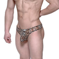 MetroMaleWear Eureka thong in yellow leopard print made of sheer stretchy fabric with a snug fit and brand tag