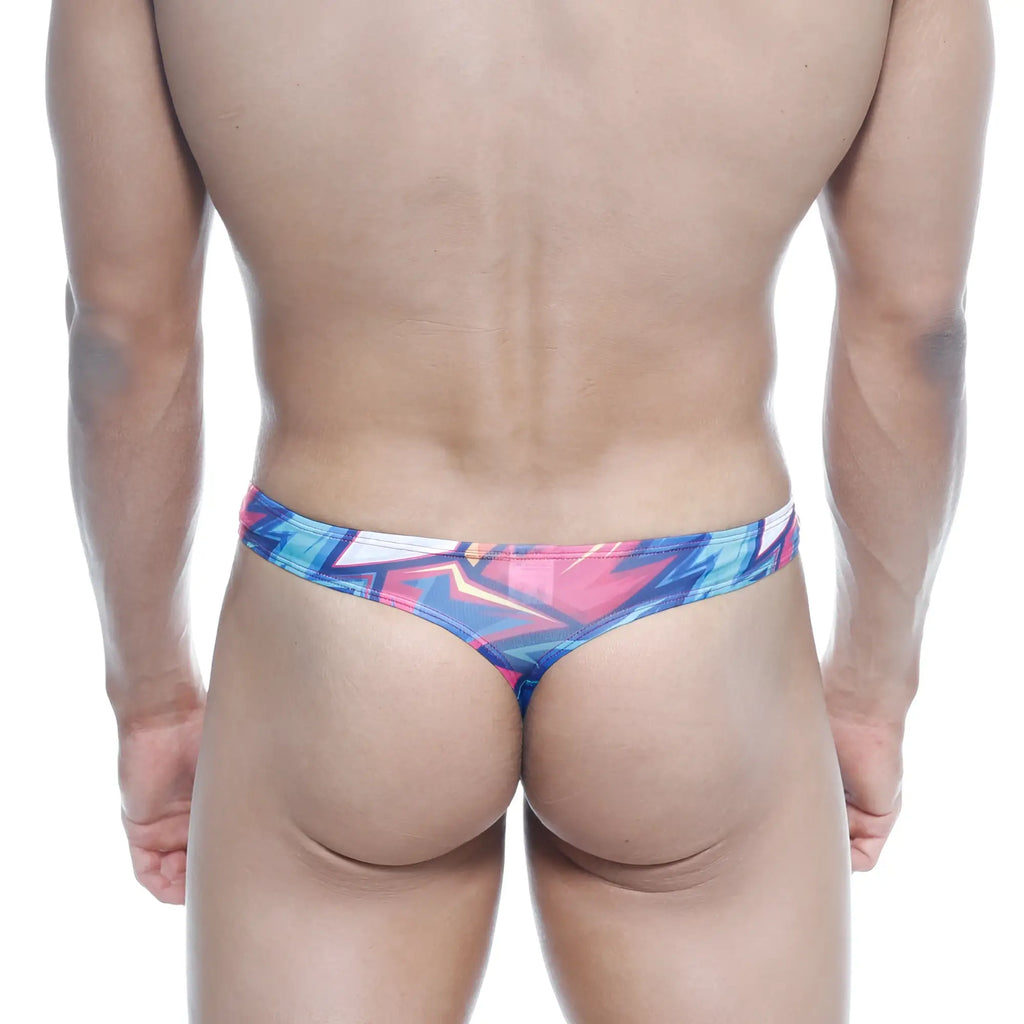 MetroMaleWear Eureka thong atractivo 1322-33 vibrant graffiti-style print in bold blue pink and white hues front view
