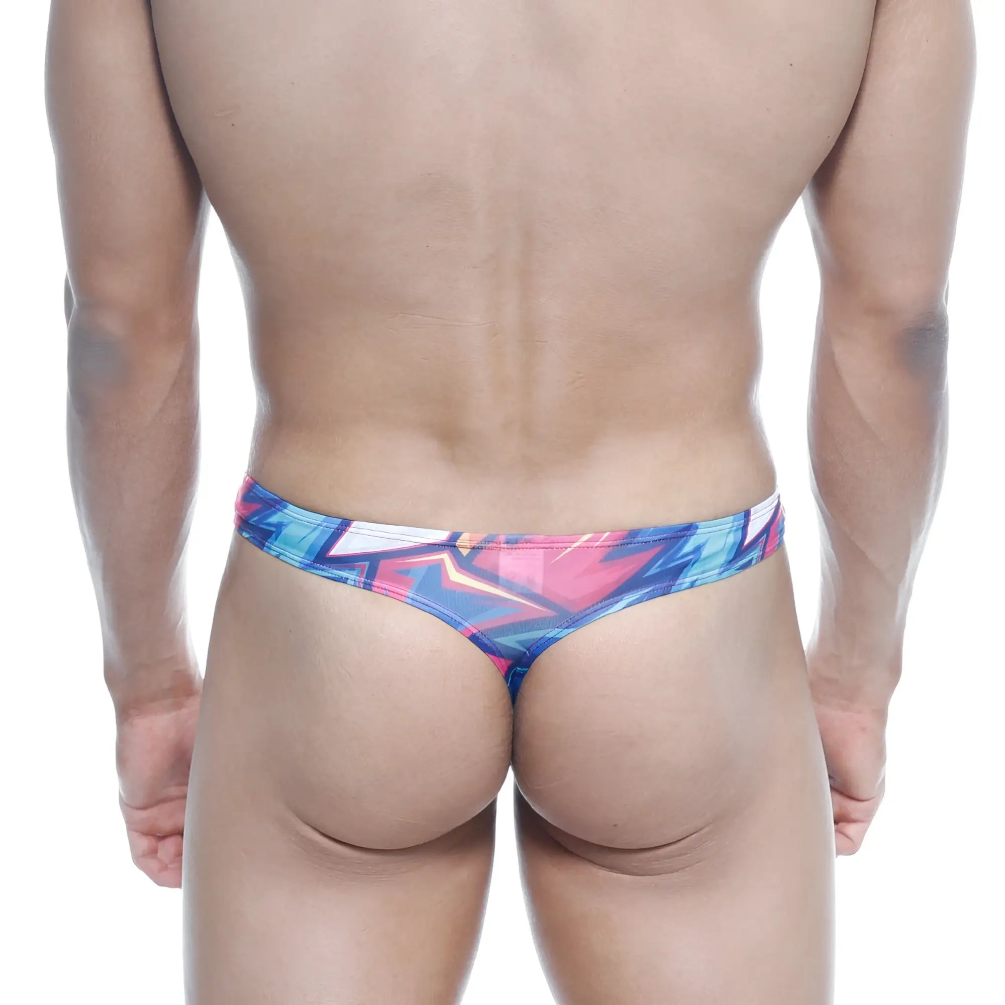 MetroMaleWear Eureka thong atractivo 1322-33 vibrant graffiti-style print in bold blue pink and white hues front view