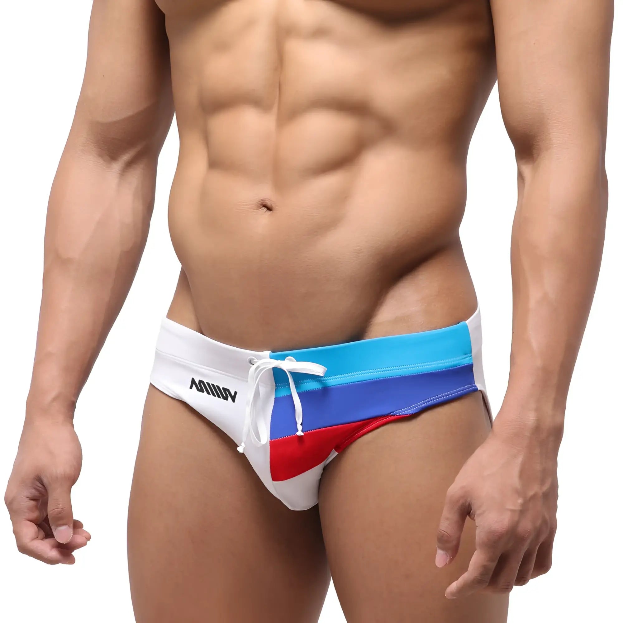 MetroMalewear euro2 swim brief 4946-00 white blue and red striped swim trunks with white drawstring waistband