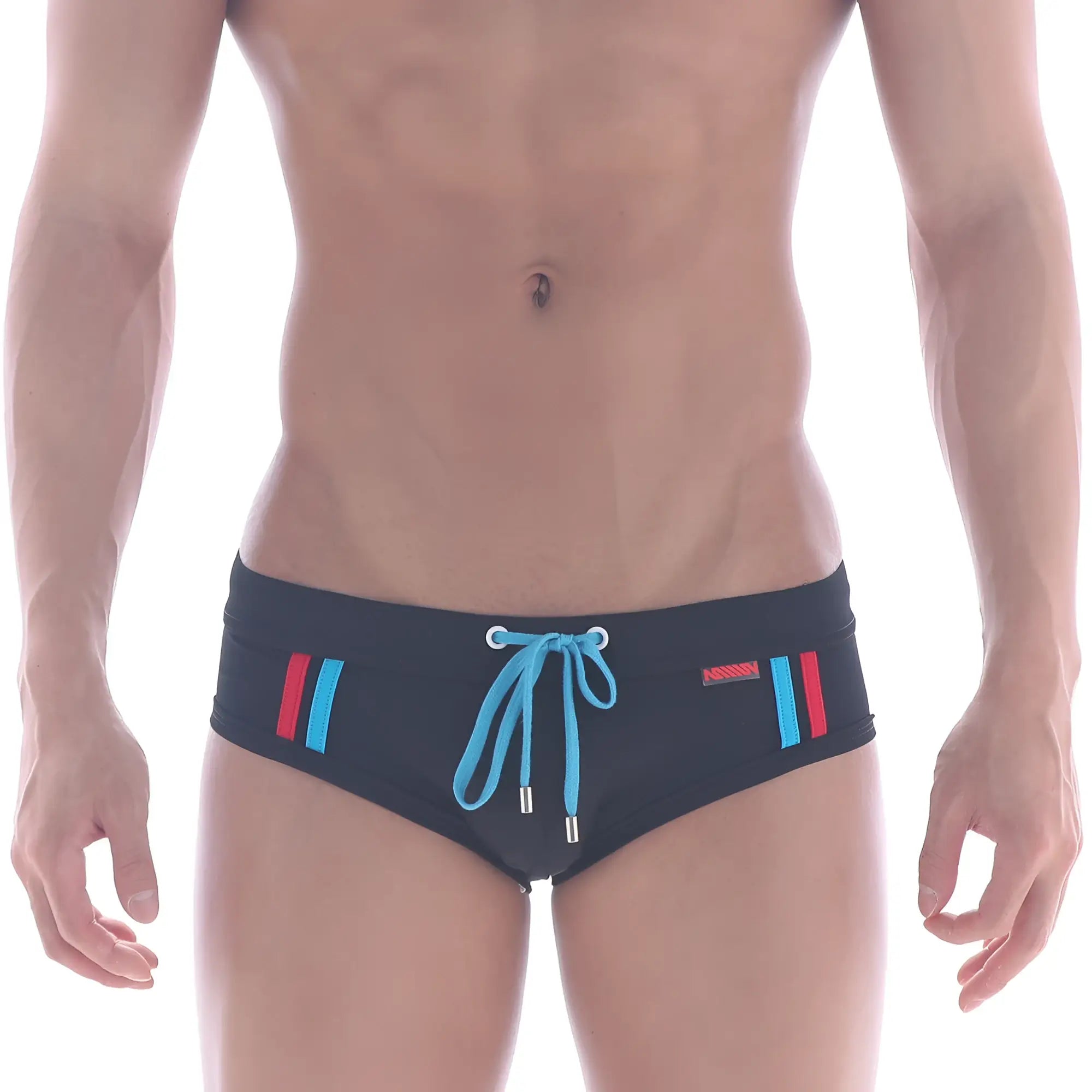 MetroMaleWear Europa swim brief black with vibrant blue and red side stripes and a matching light blue drawstring bow