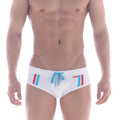 White swim trunks with red and blue vertical stripes and light blue drawstring tie metroMalewear europa swim brief