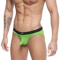 Bright green form-fitting metroMalewear expose brief with black waistband and brand logo for men