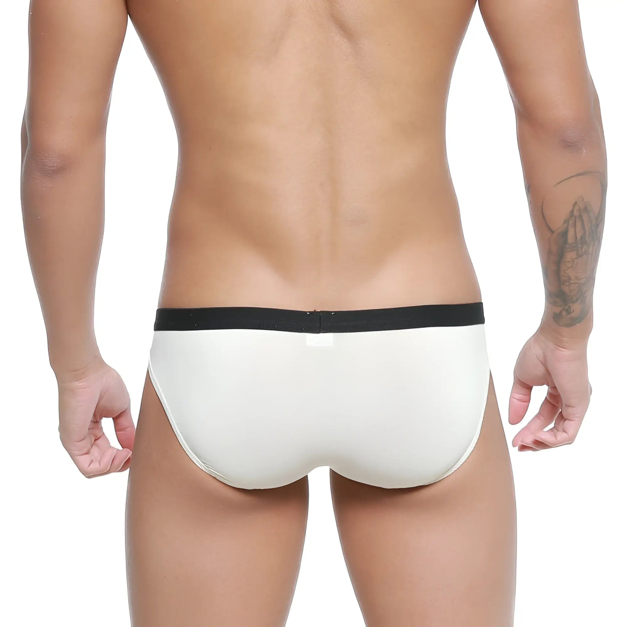 Cream-colored latex briefs with black elastic waistband from metromalewear expose brief nude 2207-01 collection