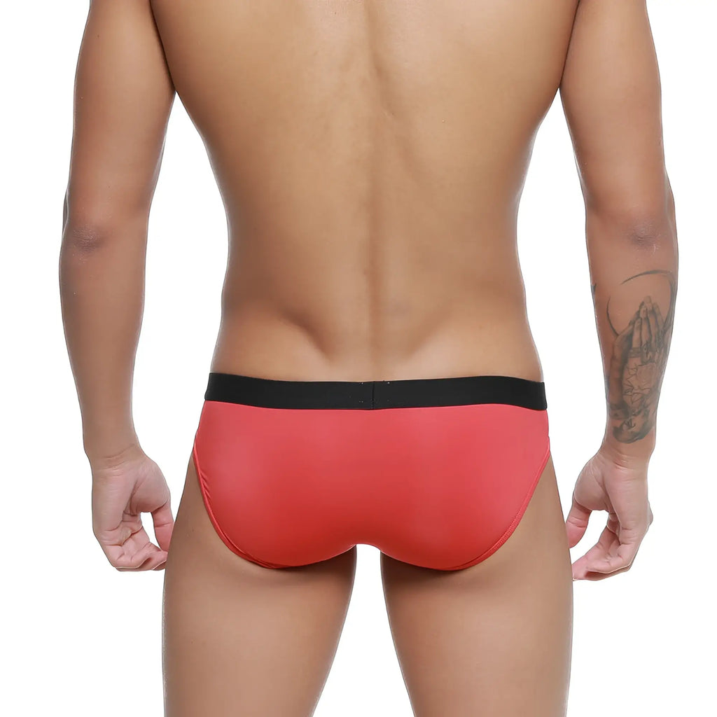 MetroMaleWear expose brief red swim trunks with black waistband designed for comfortable water use