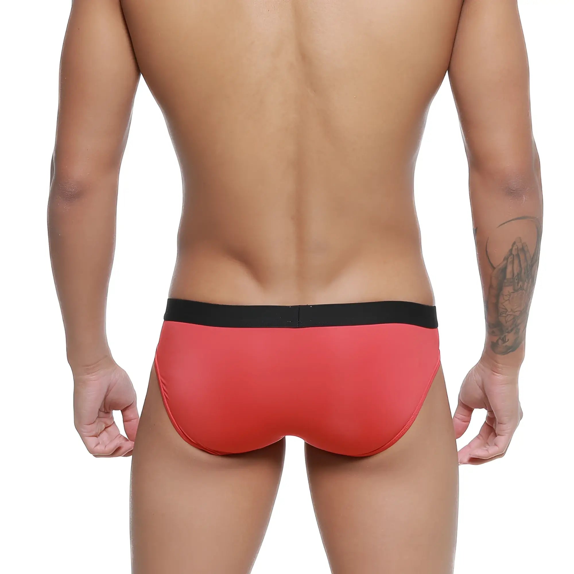 MetroMaleWear expose brief red swim trunks with black waistband designed for comfortable water use