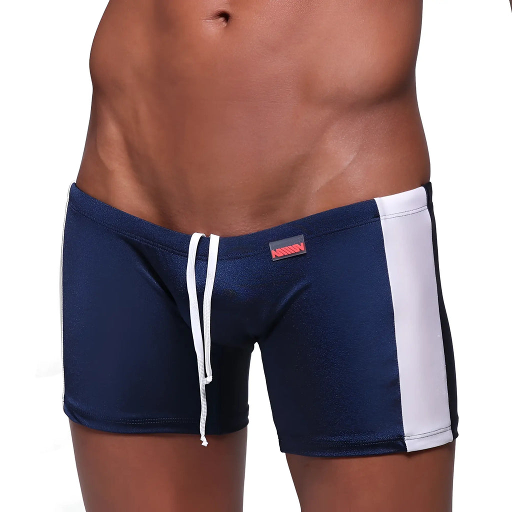MetroMaleWear Extreme Square Navy swim trunks in navy blue with white side stripes and a matching drawstring waistband
