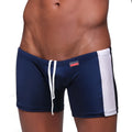 MetroMaleWear Extreme Square Navy swim trunks in navy blue with white side stripes and a matching drawstring waistband