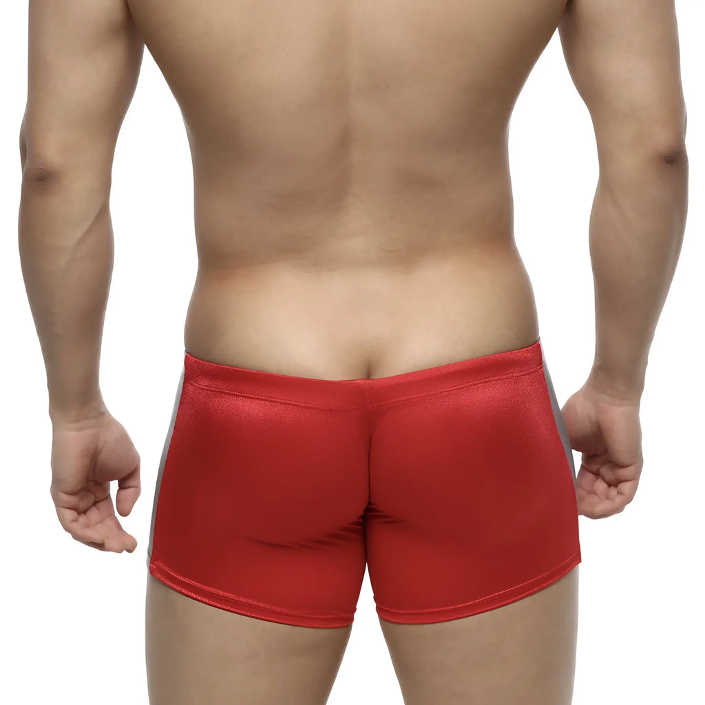 MetroMalewear extreme square red metallic swim trunks with gray side panels for active swimwear use