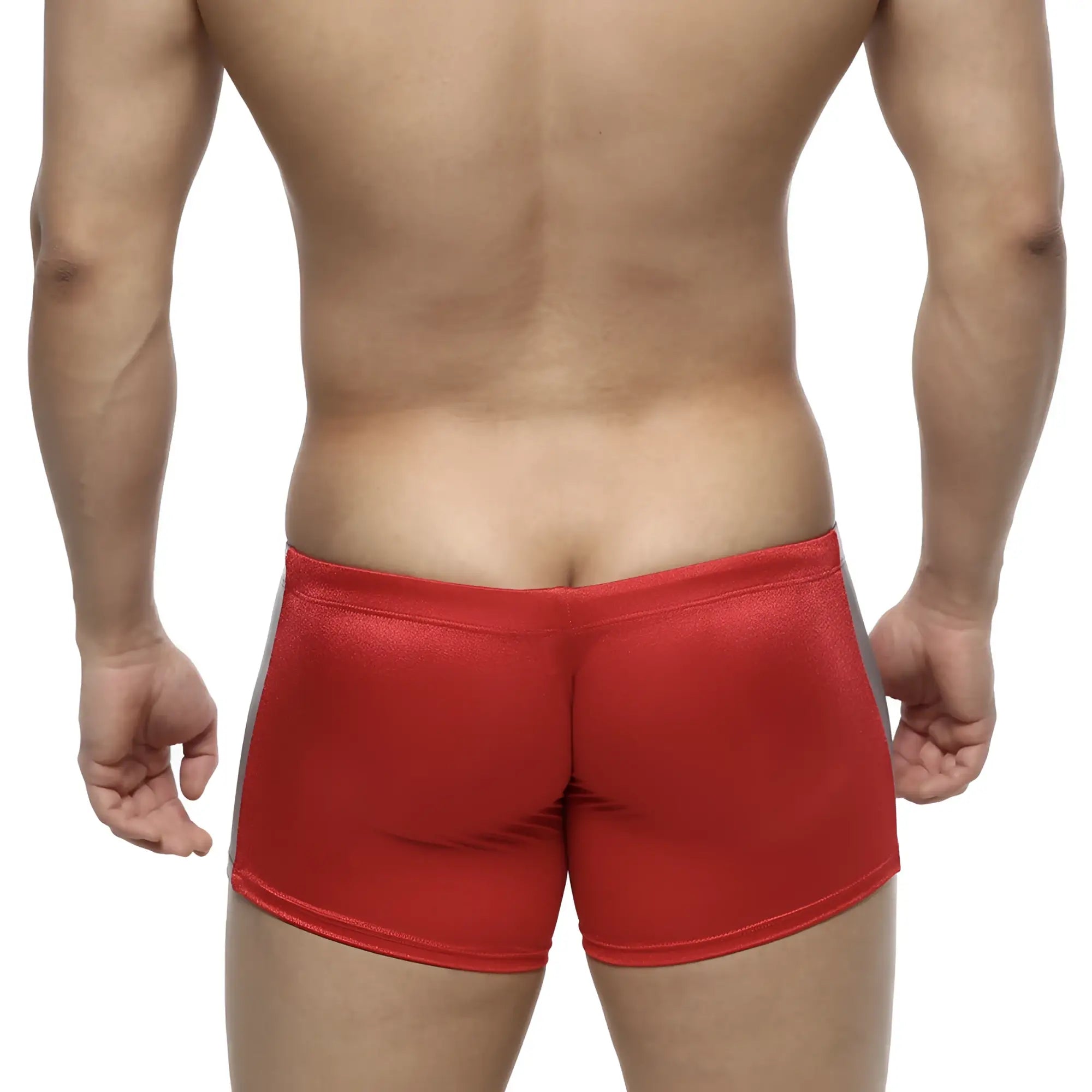 MetroMalewear extreme square red metallic swim trunks with gray side panels for active swimwear use