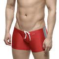 MetroMaleWear Extreme Square red swim trunks with gray side panel and white drawstring for active beachwear