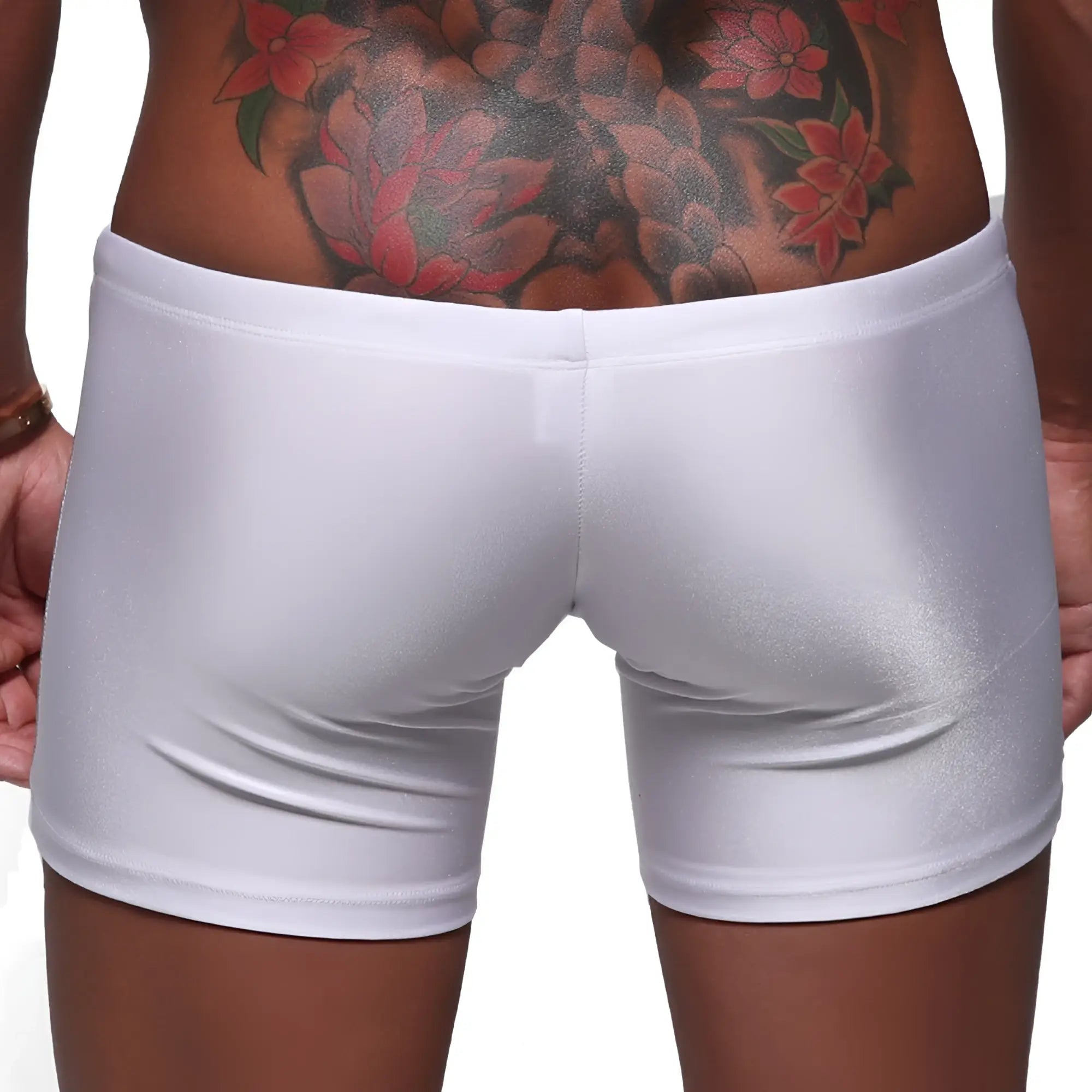 Metro male wear extreme square white 4933-00 shiny fabric shorts with snug fit and elastic waistband front view