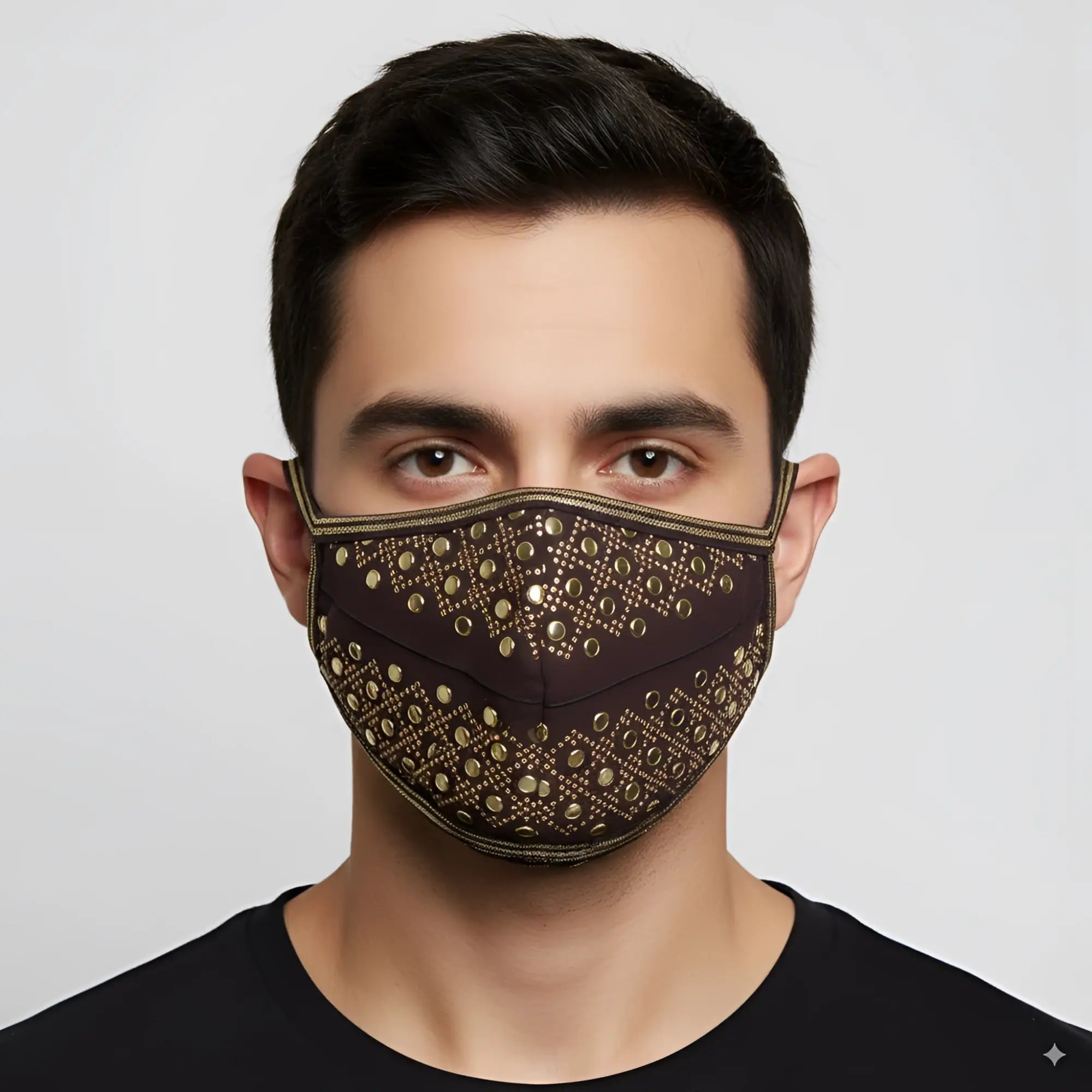 Brown metroMalewear face mask with gold-tone metallic studs in geometric pattern and matching trim