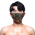 A black and gold sequined face mask by MetroMaleWear featuring an intricate metal paisley design
