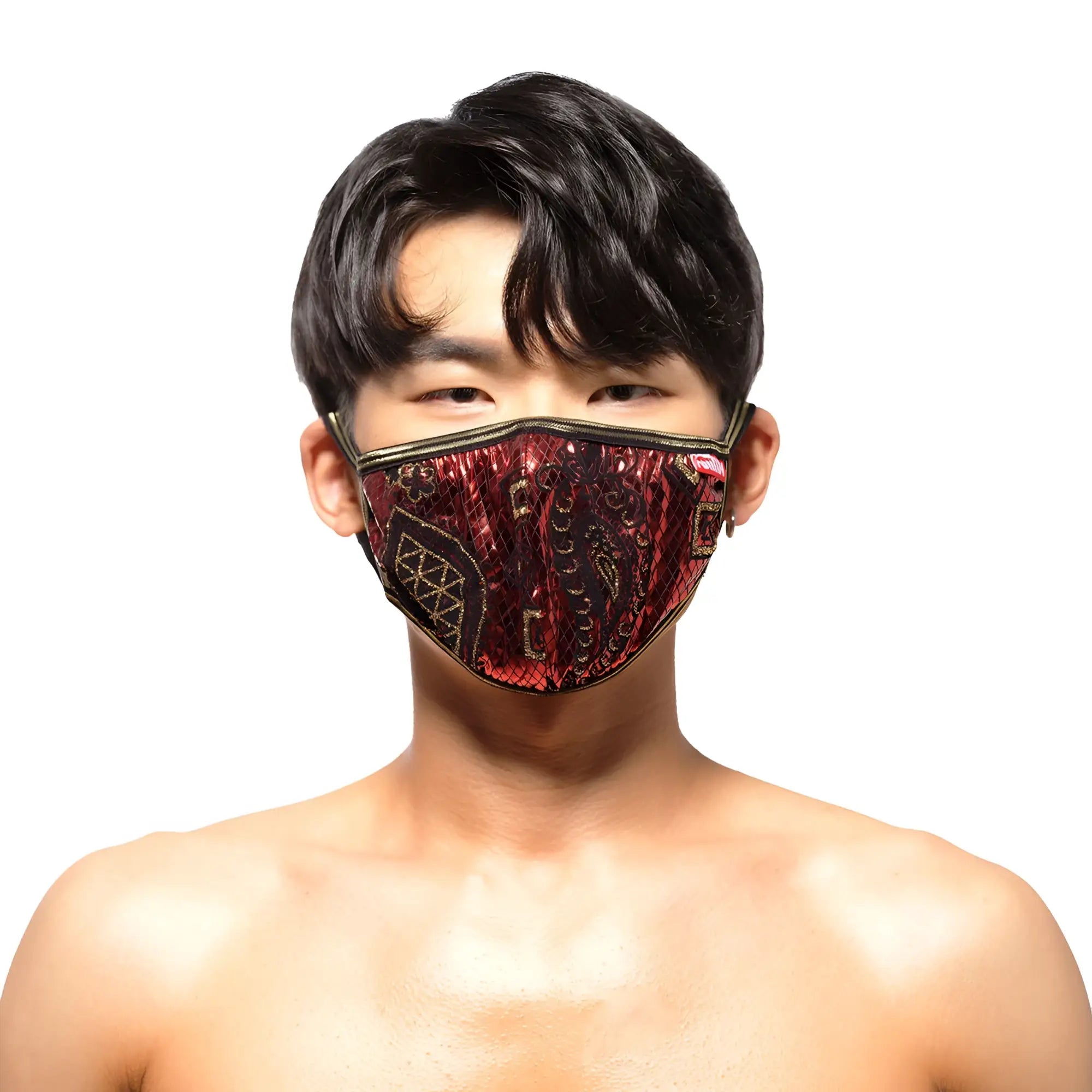 MetroMaleWear face mask metal paisley red 0111-62 with red and black sequins and gold embroidery details