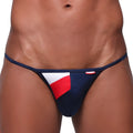 MetroMalewear fantasia bikini navy 2215-28 thong with navy blue white and red geometric pattern and subtle sheen