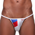 MetroMaleWear Fantasia bikini white thong with bold red and blue geometric panel and subtle metallic sheen