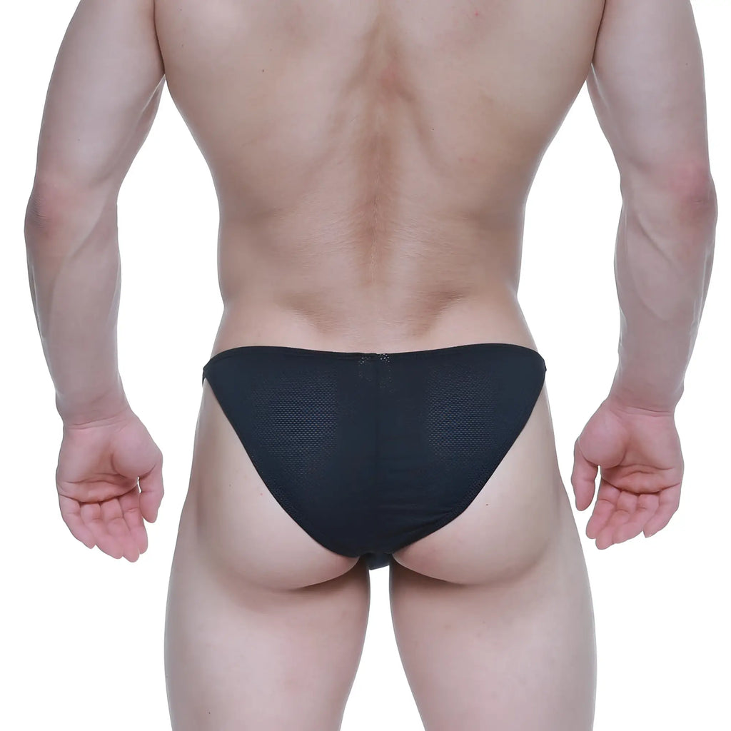 Back view of metromalewear fantasy bikini black 6116-20 black mesh briefs with zipper closure