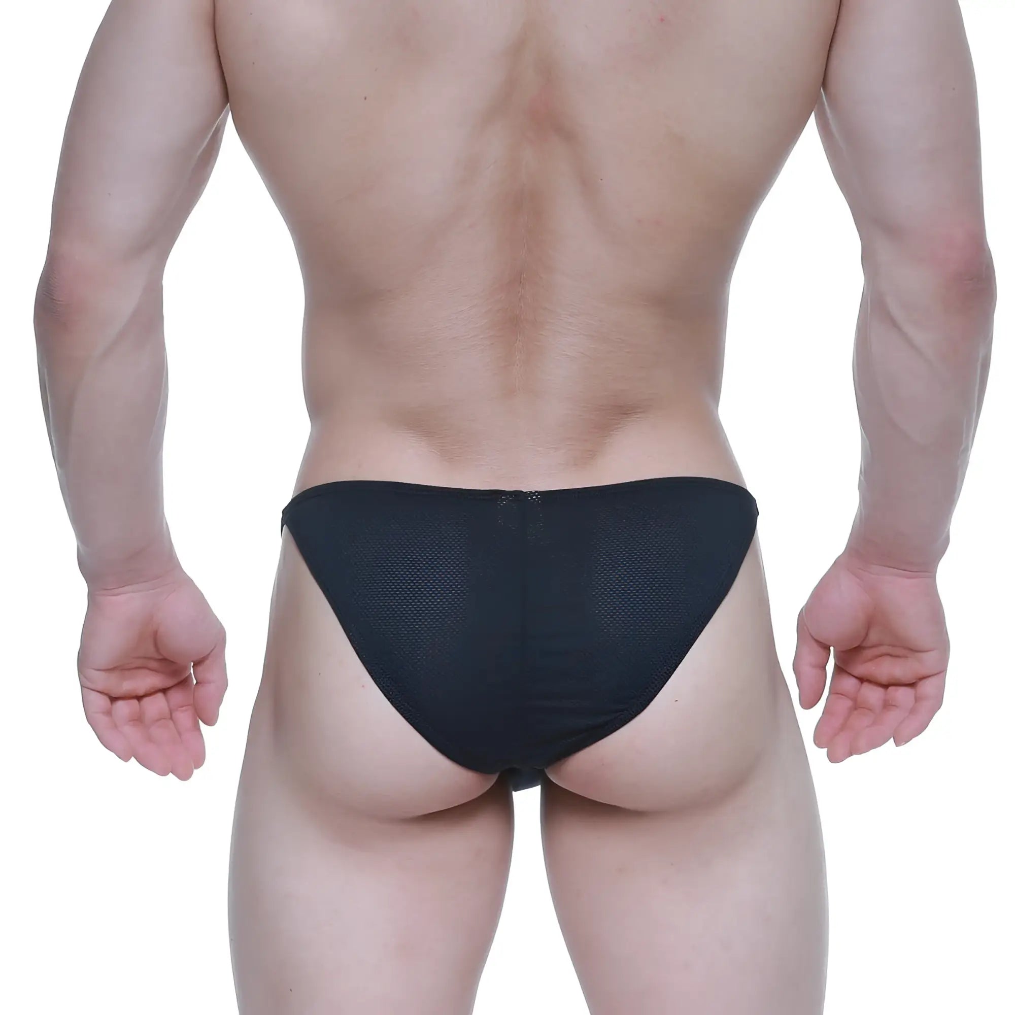 Back view of metromalewear fantasy bikini black 6116-20 black mesh briefs with zipper closure