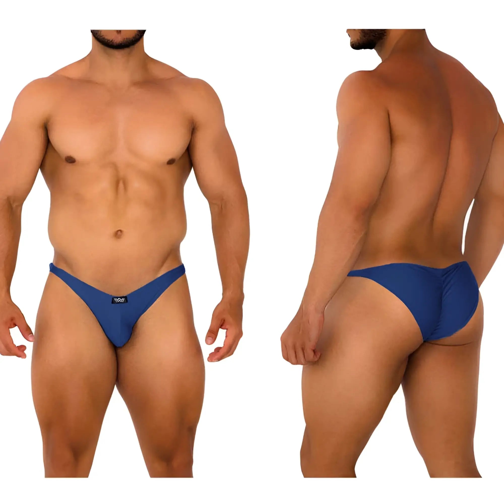 MetroMalewear fantasy bikini dark blue briefs with sleek form-fitting design and small black logo on front