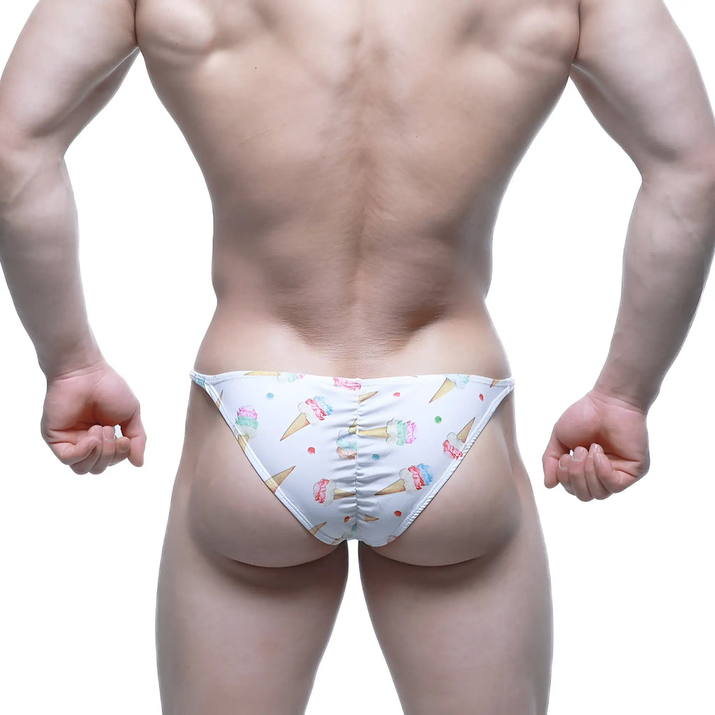 White swim trunks from metromalewear fantasy bikini 6116-60 with colorful ice cream cone and sprinkle pattern