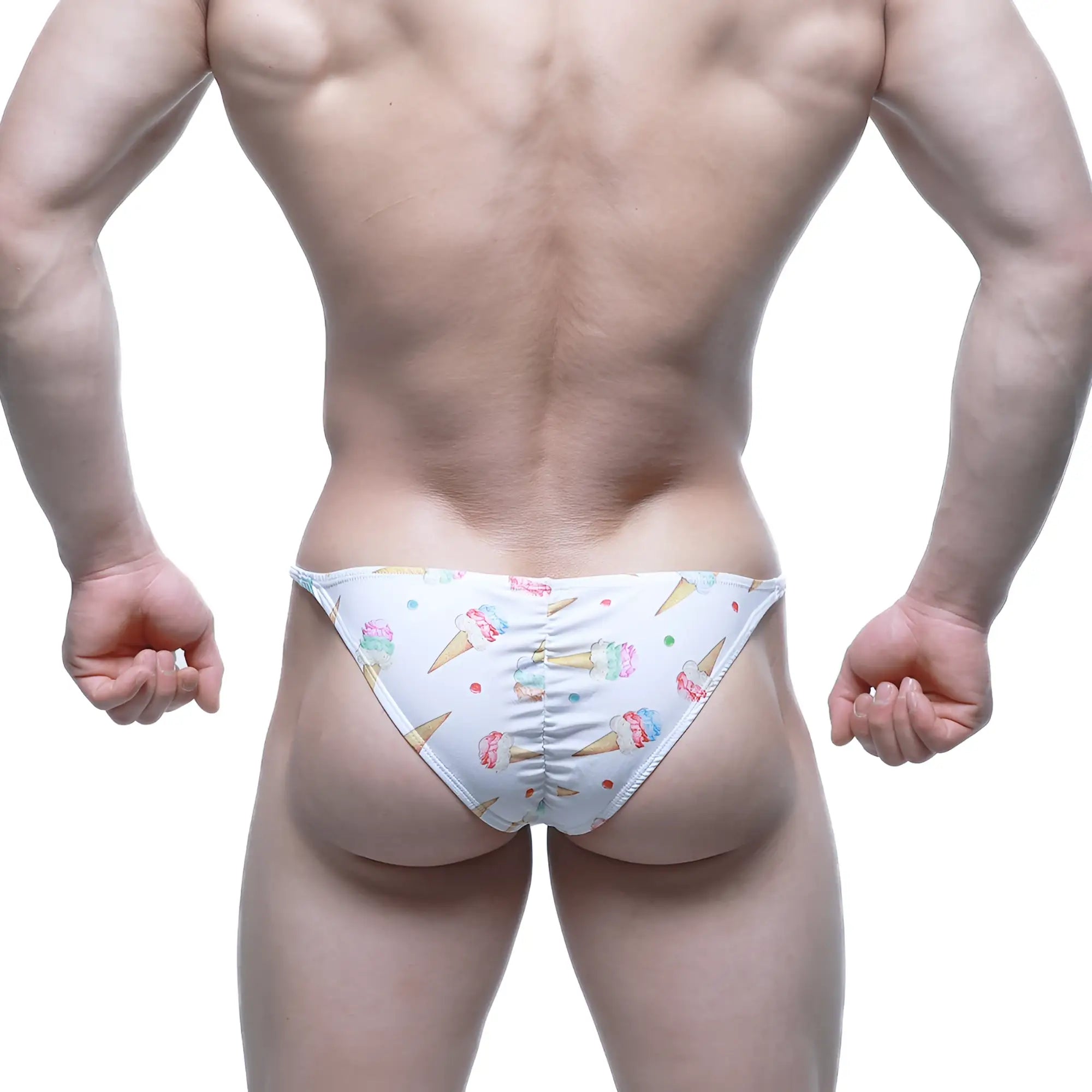 White swim trunks from metromalewear fantasy bikini 6116-60 with colorful ice cream cone and sprinkle pattern