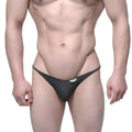 Black mesh thong with a small white brand tag at the waistband from metromalewear fantasy bikini khaki 6116-26