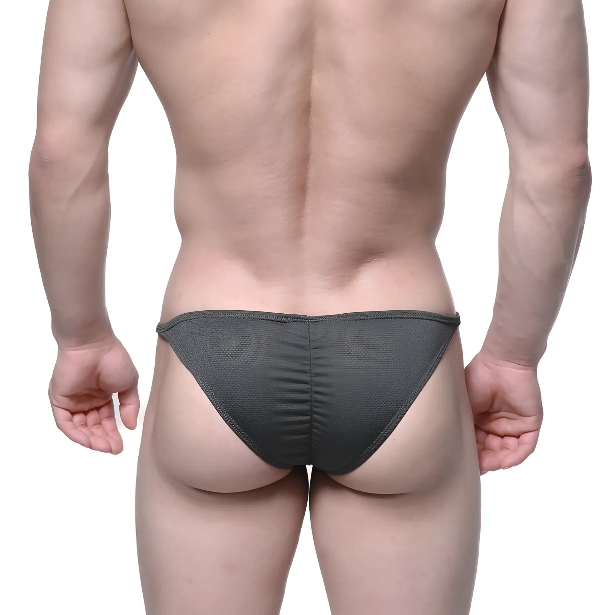 Dark gray textured fabric briefs with ruched back design from metromalewear fantasy bikini khaki 6116-26 product back view