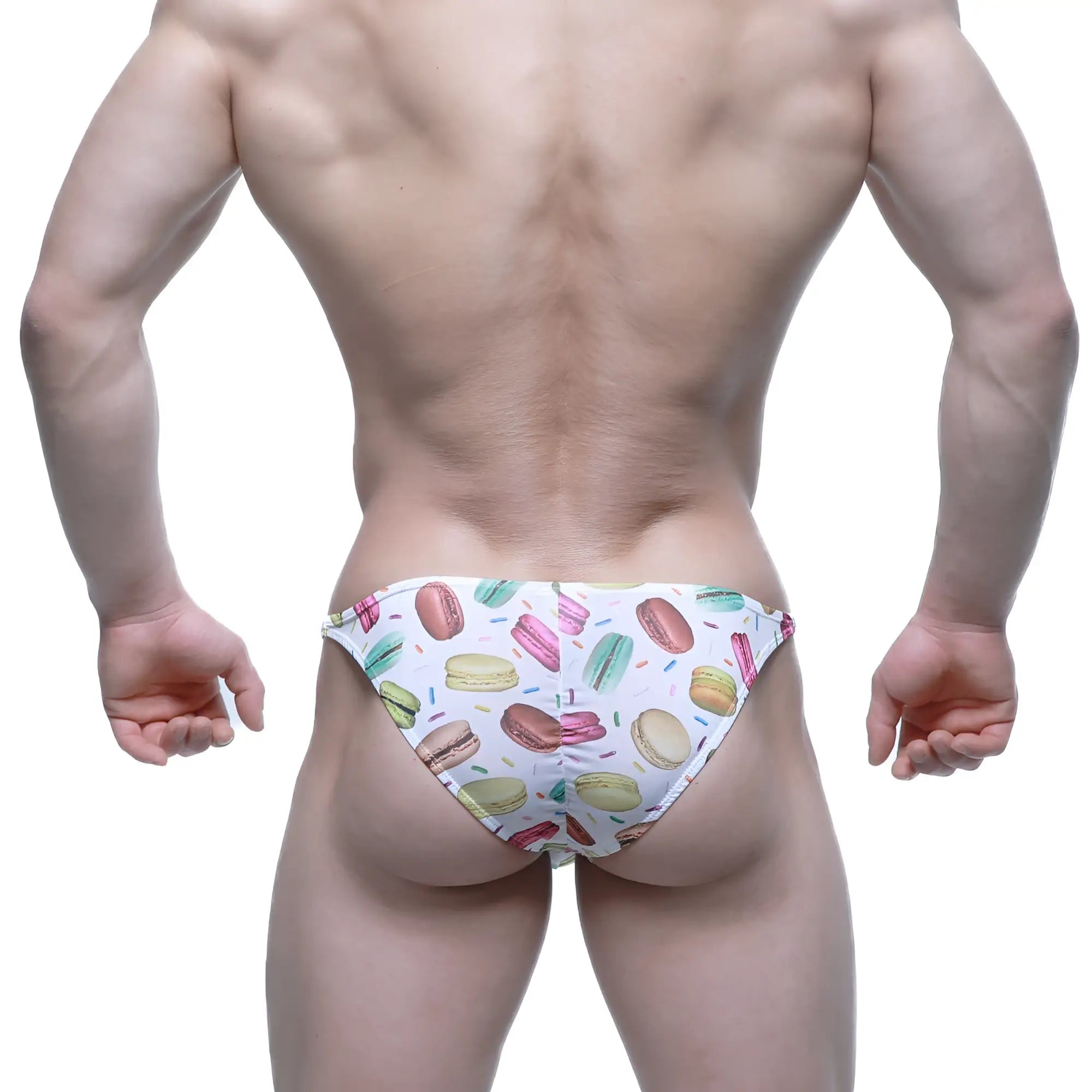White swim trunks from MetroMaleWear fantasy bikini macaron 6116-61 with colorful macarons and sprinkles pattern